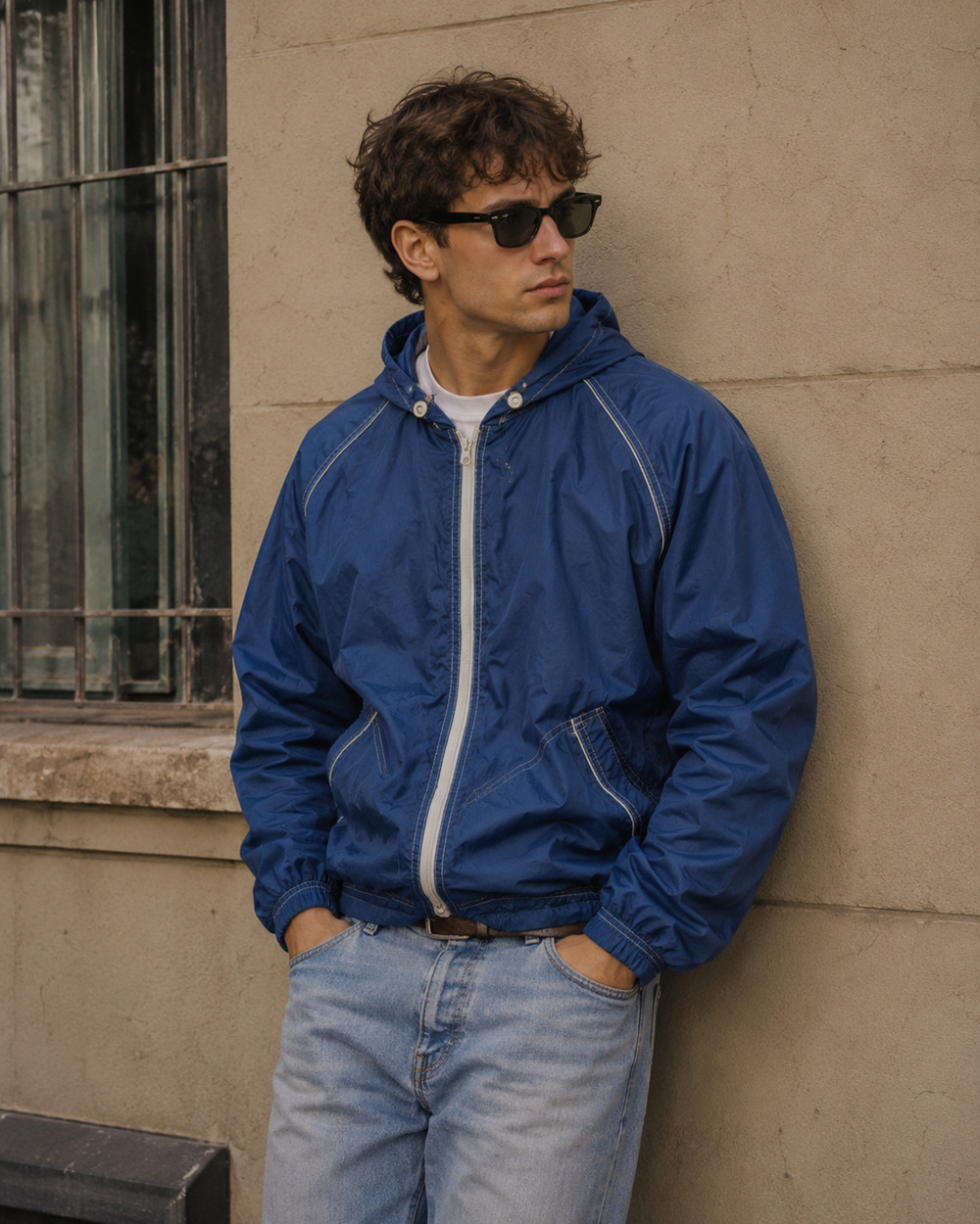 Vintage Richman Brothers Blue Nylon Windbreaker Hooded Jacket Terry Lining Large